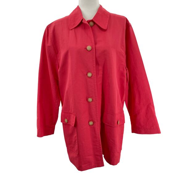 J. Crew Coral Nylon Button Front Flap Pockets Boxy Rain Jacket Women Sz L - Picture 1 of 9